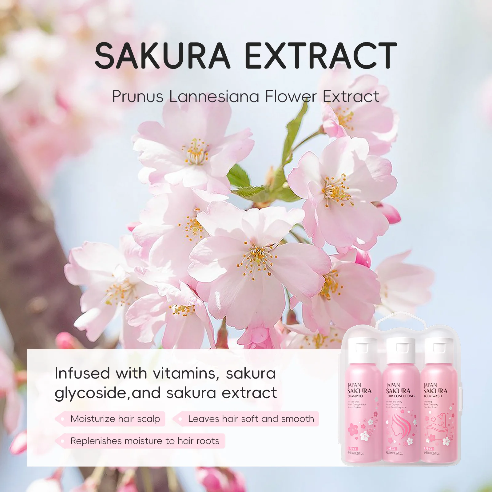Honest LAIKOU Japan Sakura Bath & Hair Care 3-Piece Set Review 2 LAIKOU Sakura 3-piece kit bottles