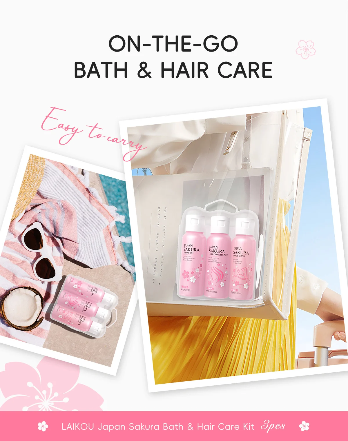 Japan Sakura Bath & Hair Care 3-Piece Set for Moisturizing & Smoothing 12 sakura bath hair care kit spu991436438226 desc 12