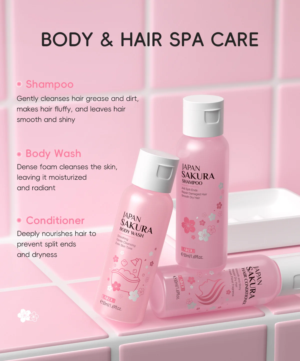 Japan Sakura Bath & Hair Care 3-Piece Set for Moisturizing & Smoothing 4 sakura bath hair care kit spu991436438226 desc 4