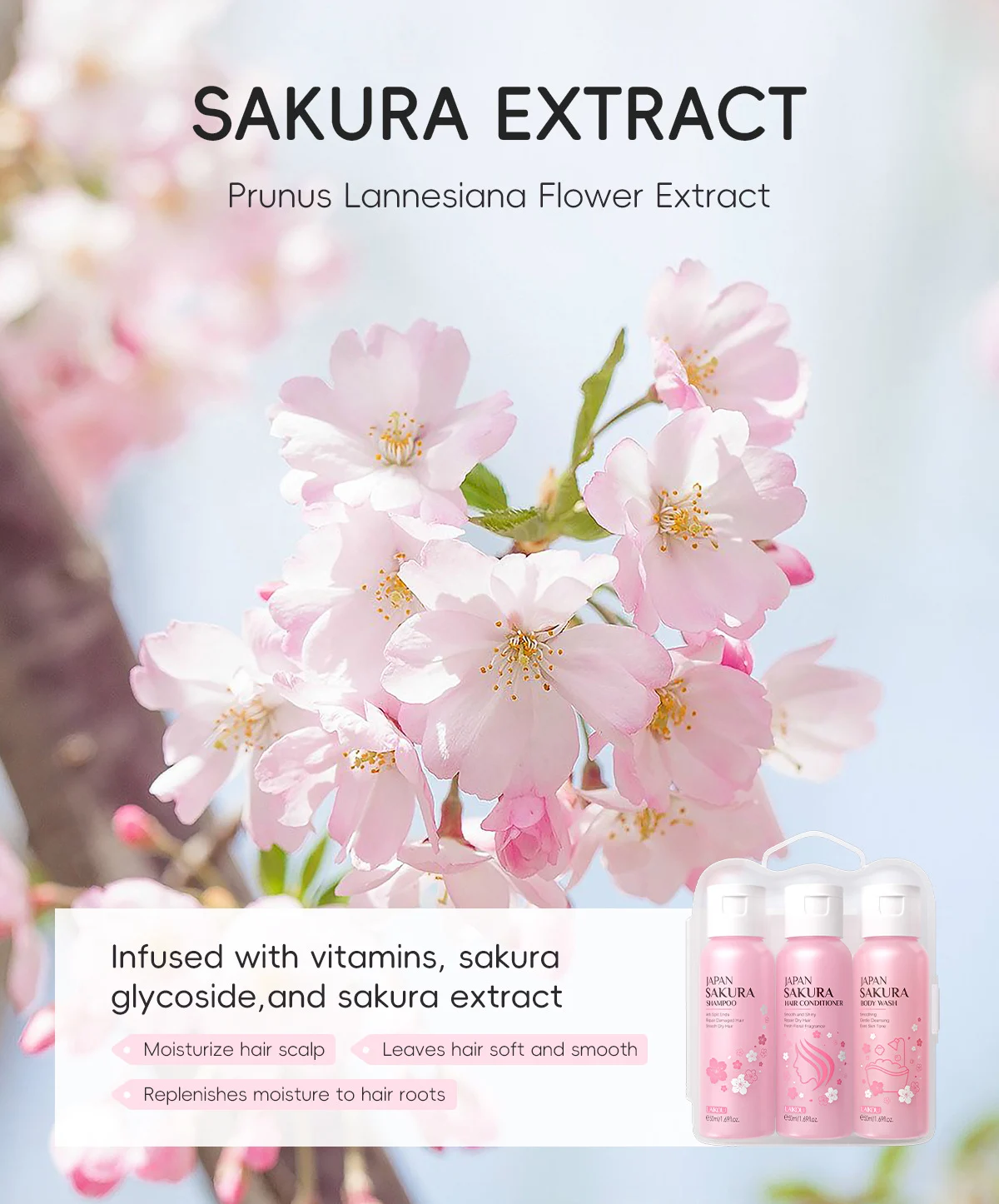 Japan Sakura Bath & Hair Care 3-Piece Set for Moisturizing & Smoothing 6 sakura bath hair care kit spu991436438226 desc 6