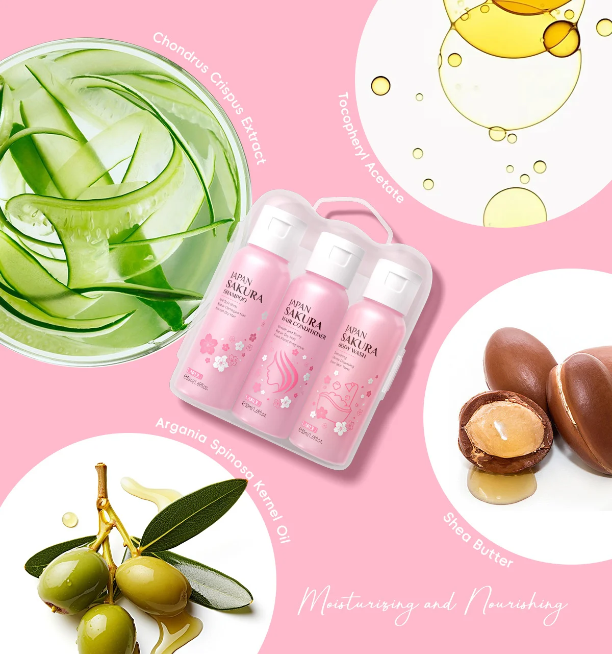 Japan Sakura Bath & Hair Care 3-Piece Set for Moisturizing & Smoothing 9 sakura bath hair care kit spu991436438226 desc 9