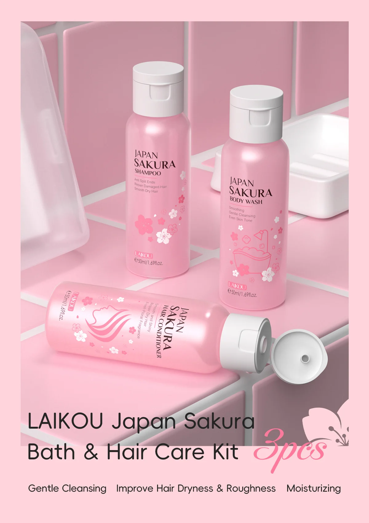 Japanese Sakura Hair & Body Care 3-Piece Set - Repairing & Moisturizing 2 sakura shampoo conditioner body wash set spu992892864553 desc 2
