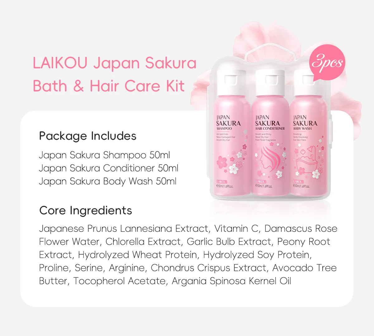 Japanese Sakura Hair & Body Care 3-Piece Set - Repairing & Moisturizing 3 sakura shampoo conditioner body wash set spu992892864553 desc 3